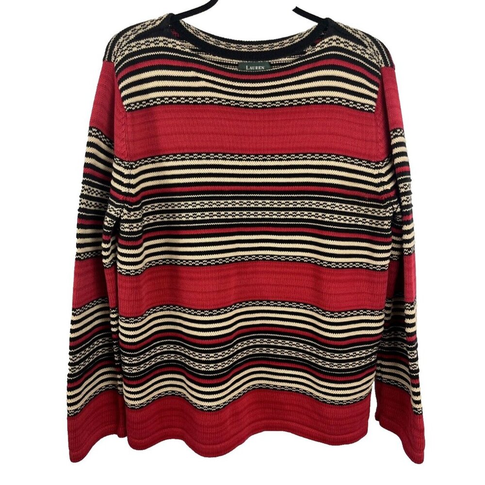 Lauren Ralph Lauren Cotton Striped Knit Red and Black Sweater Womens Size XL